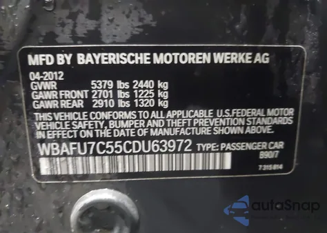 2012 BMW 535I xDrive z USA, uszkodzony, nr VIN WBAFU7C55CDU63972